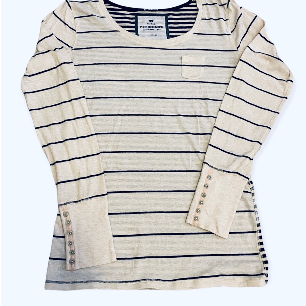POOF EXCELLENCE Long Sleeve Strip Tee Size Large Cream and Black